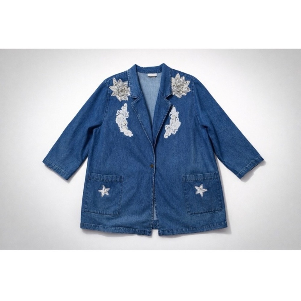Hunters Run Denim Blazer Jacket Sequin Lace Applique Blue Vintage 90s Y2K Retro